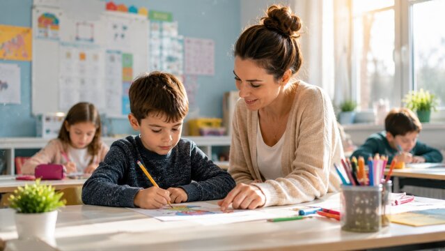 Child learns coloring in classroom