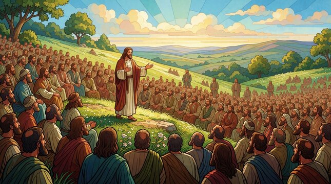 Jesus Christ teaches large crowd of people on green grassy hill. Religious leader gives sermon to followers in beautiful outdoor nature landscape. Biblical scene shows spiritual teaching with sunny
