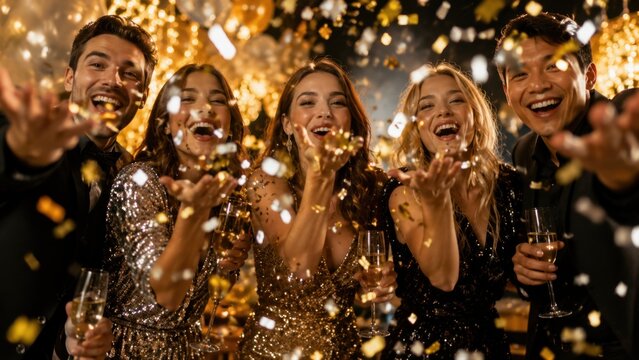 Friends toast with drinks  confetti
