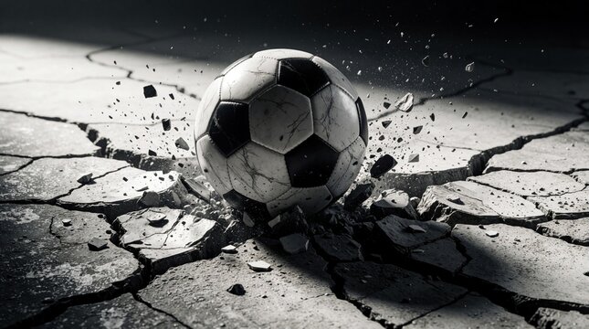 Soccer ball breaks cracked ground. Fragments fly as ball impacts, creating dramatic shadow and light. Action scene shows intense sport power, destruction and chaos.