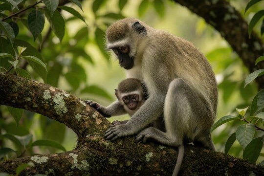 Vervet monkey mother nurses baby in tree branches. Primate family bond shown in natural habitat. Wild mammal care for infant. Amboseli National Park Kenya.