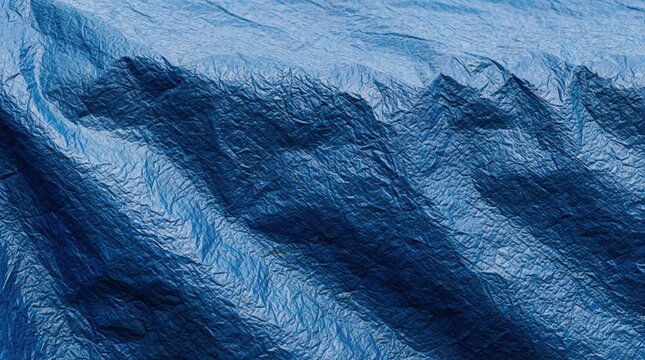Close up of blue polyethylene tarp with wrinkled texture. Rugged waterproof plastic sheet shows heavy duty material surface. Durable synthetic fabric used for construction cover, camping shelter