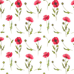 Obraz premium Seamless watercolor pattern with red poppy flowers, green leaves and seed pods, delicate botanical repeat design for textiles, wrapping paper, stationery and surface decoration.