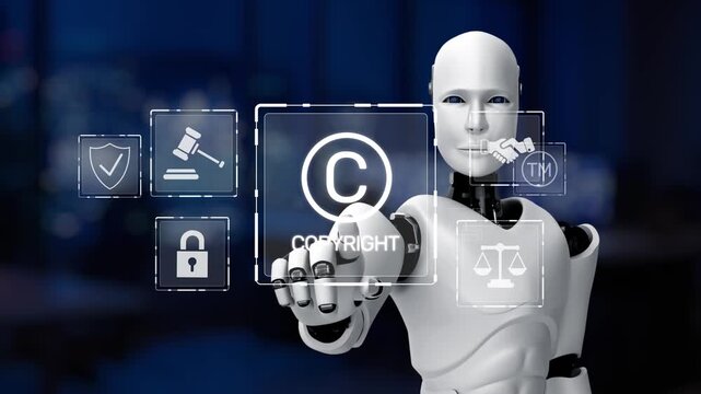 A futuristic robot interacts with a display of copyright symbols and legal icons, representing the convergence of technology and legal frameworks in a modern office setting. Synapse