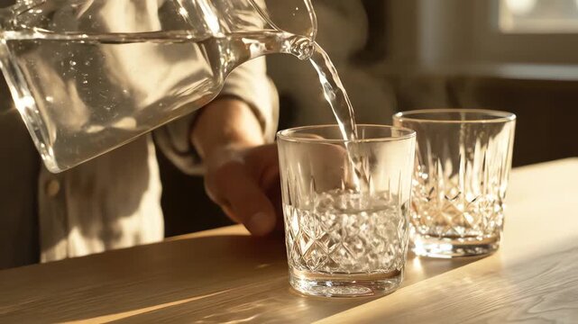 Pouring water from glass pitcher into drinking glasses on wooden table