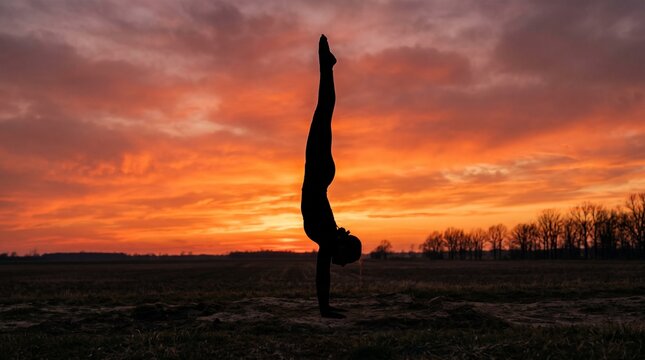 Silhouette of woman practicing handstand outdoors