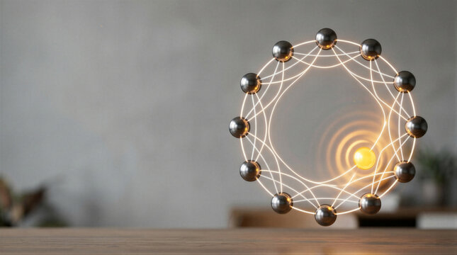 Metal spheres connected by glowing lines forming ring molecular structure floating over wooden table. Nanotechnology, science network and connection concept with copy space
