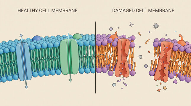 Cell Membrane Degradation Healthy vs Damaged Biology Diagram