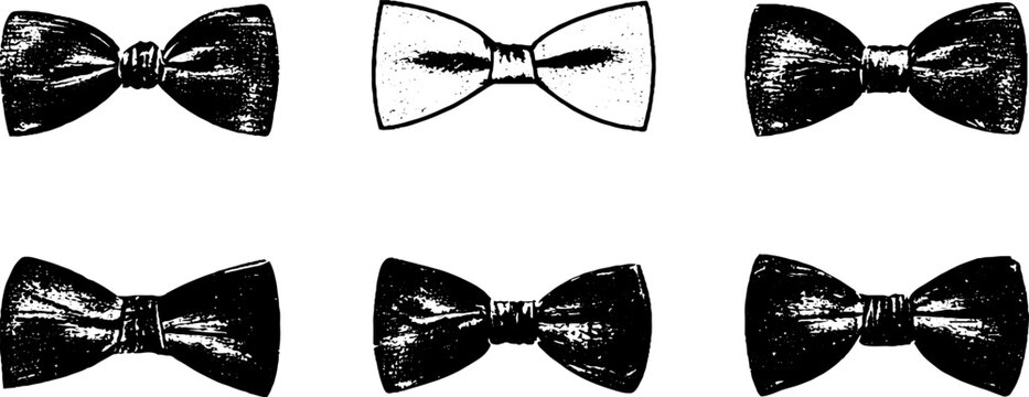 Vintage grunge black and white stencil illustration set of distressed bow ties for retro fashion pattern background and label design elements
