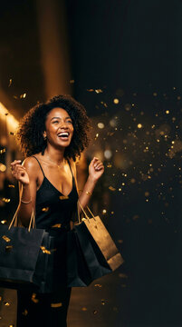Excited african american woman with shopping bags under falling golden confetti. Black friday sale and luxury shopping celebration. Festive holiday retail discount concept