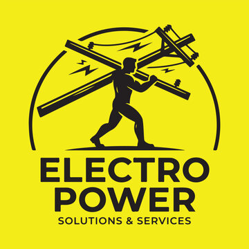 Electro Power Solutions Logo - Strong Lineman Carrying Utility Pole Icon Graphic
