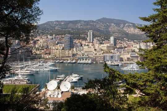 Port Hercule, Monaco cityscape with Mont Agel in the distance