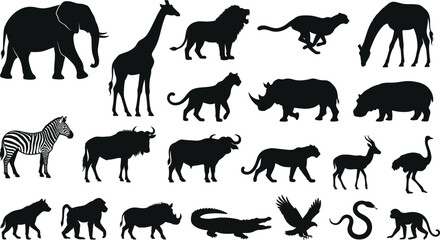 Fototapeta premium Wild Animals Silhouettes Collection with Lion, Tiger, Elephant, Giraffe, Deer, Bear, Horse, Dog and Cat Vector Illustrations for Wildlife and Nature Design