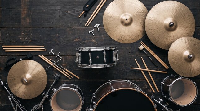 Drum Kit Ensemble: A meticulously arranged drum kit and accessories, including cymbals, snare drum, and drumsticks, laid out on a rustic wooden surface, ready for a rhythmic performance.