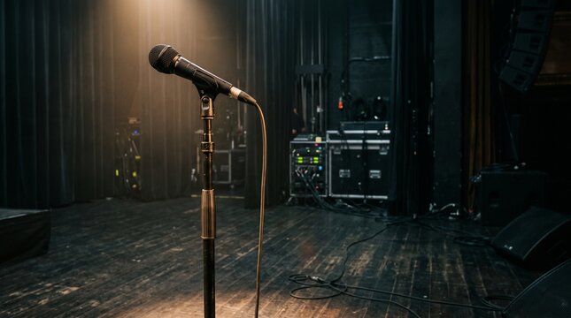Solo Performance: A solitary microphone stands center stage, illuminated by a single spotlight, on an empty theater floor, ready for the next performer.