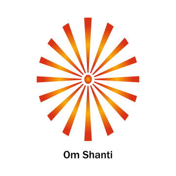 Om shanti spiritual symbol with orange and red sunburst rays of light