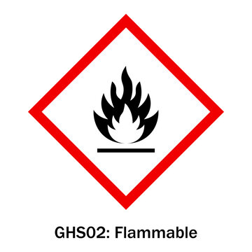 Flammable ghs hazard symbol sign with a black flame icon inside a red diamond frame