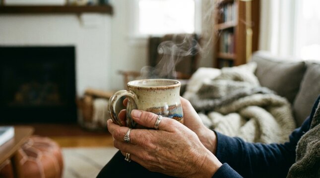 Hands Holding Steaming Ceramic Mug in Cozy Living Room