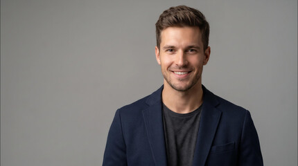 Obraz premium Handsome young professional man wearing a dark navy blue blazer smiles warmly while standing against a solid neutral grey background