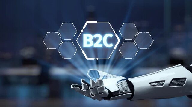 A robotic hand extends toward floating digital icons that represent the B2C landscape, highlighting the integration of technology in modern consumer business strategies. Synapse