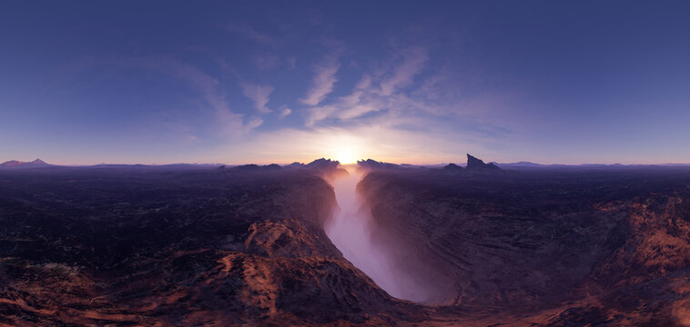 Epic Sunrise Over Mist-Filled Canyon Valley With Jagged Cliffs &mdash; 3D Rendering Landscape Panorama