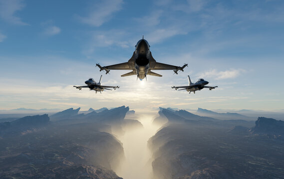 Three Fighter Jets Flying in Tight Formation Over Misty Mountain Canyon at Sunrise