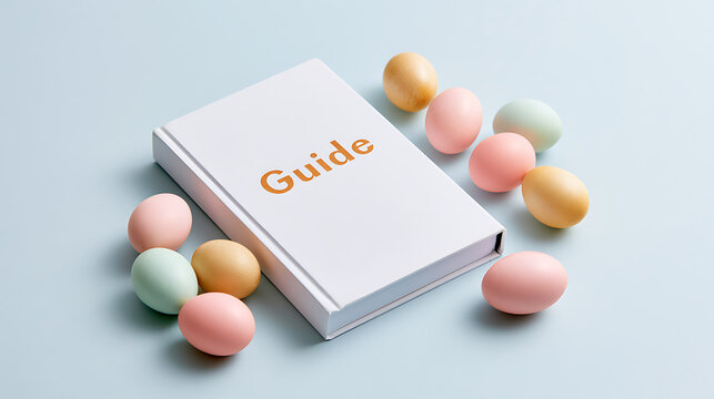 White book labeled guide surrounded by colorful pastel eggs on a light blue background, symbolizing holiday celebration, spring and education