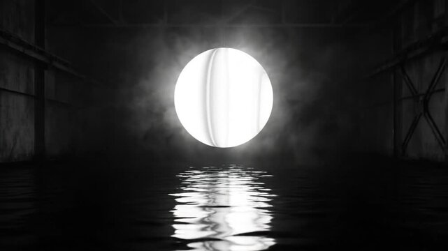 Mysterious glowing orb of light suspended above reflective water in a dark warehouse interior
