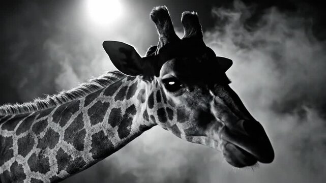 Dramatic black and white close-up of a giraffe's head with a spotlight and smoky background in portrait format