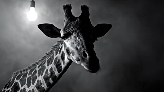 Dramatic black and white close-up of a giraffe with a spotlight overhead, creating a moody, artistic portrait