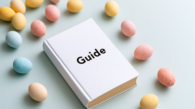 White book with the word guide printed on the cover surrounded by colorful pastel easter eggs on a light blue background for seasonal spring