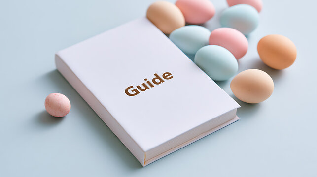 A white guide book with the text Guide printed on the cover surrounded by pastel colored easter eggs on a soft blue background top view
