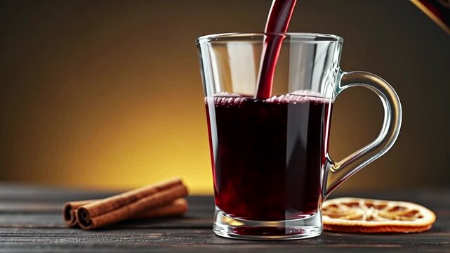 Dark Red Mulled Wine Pouring into Clear Glass in Slow Motion