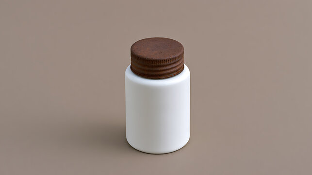Minimalist white medical container with brown cap isolated on neutral background for health care product mockup and pharmaceutical design