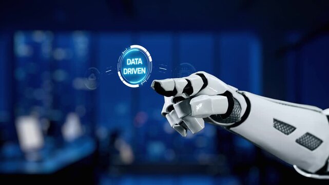 A sleek robotic hand engages with a holographic globe, representing the intersection of technology and data analytics in a modern business setting. Perfect for various tech themes. Synapse