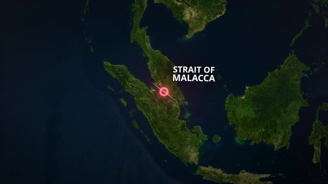 Satellite globe animation zooming to the Strait of Malacca, Southeast Asia, featuring a red concentric circle highlight, typography, and topography for a widescreen broadcast opener.
