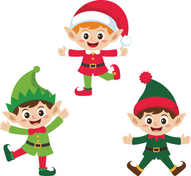 Christmas elf flat vector illustration trio. Playful holiday helpers dance with open arms wearing pointed hats, belts and curly shoes.