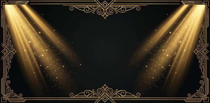 Luxury Art Deco Gold Frame Background with Spotlights and Copy Space