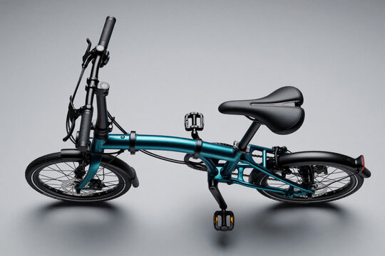 Teal folding bicycle with black and handlebars. Compact cycle designed for easy urban commuting and storage. Features pedals, brakes, and a frame for portability. Great for city travel.