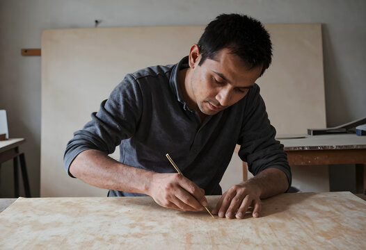Artisan craftsmanship and traditional skills, man working with precision on a wooden surface in a workshop