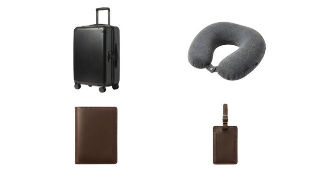 Set of four essential travel accessories including a suitcase, neck pillow, passport holder, and luggage tag isolated on transparent background for design work.