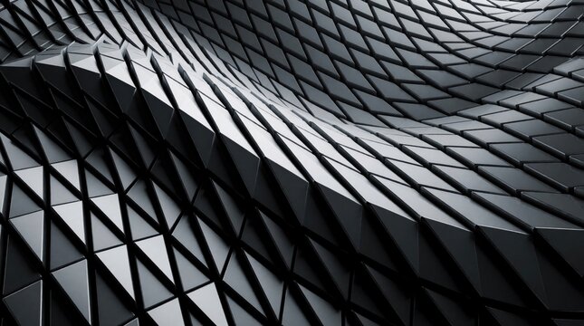 Minimalist abstract background with metallic gray chrome triangle waves. Sharp geometric shapes create flowing 3D texture with emboss effect. Premium industrial tech aesthetic suitable for digital