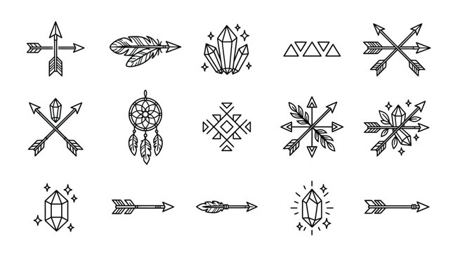 Set of tribal boho style vector icons with arrows feathers and crystals.