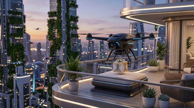 Ai drone delivering gift on futuristic balcony at sunset for modern technology and urban lifestyle concept