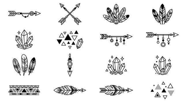 Set of hand drawn tribal boho elements with arrows feathers crystals and geometric shapes.