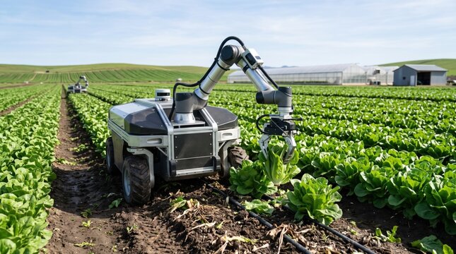 Ai robot harvesting lettuce on a modern farm for sustainable agriculture technology design