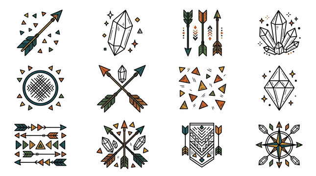 Set of tribal boho style arrows and crystals vector illustrations for design.
