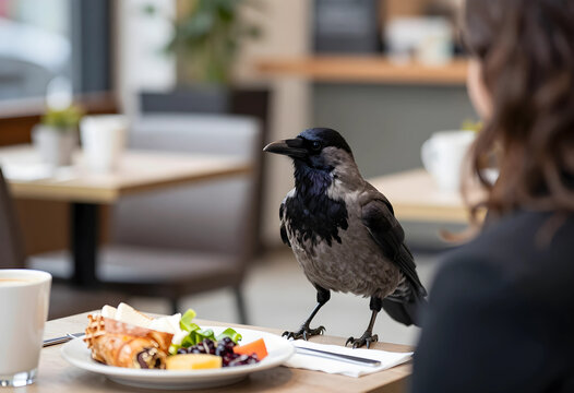 Urban wildlife interaction, crow on a cafe table next to a womans breakfast, nature in city life, unexpected encounter