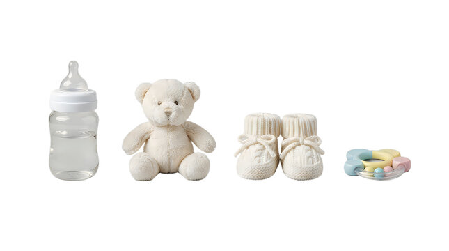 Set of baby care essentials including a milk bottle, plush teddy bear, knitted booties, and a colorful rattle isolated on transparent background for design.