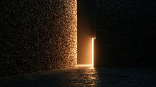 A dark space features a large brick wall that divides the scene. A small door opens to a bright light, representing hope and opportunity.